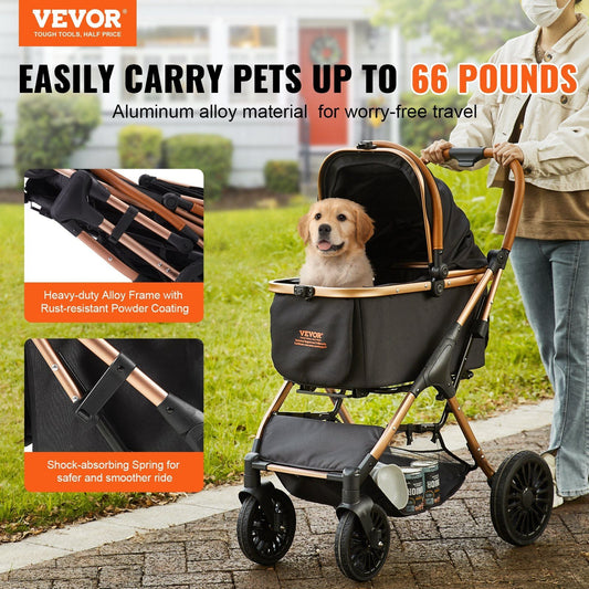 Pet Stroller - 4 Wheels Dog Stroller Rotate with Brakes, 66 lbs Weight Capacity, Puppy Stroller with Detachable Carrier, Storage Basket and Pet Pad, for Small to Medium Sized Dogs, Black